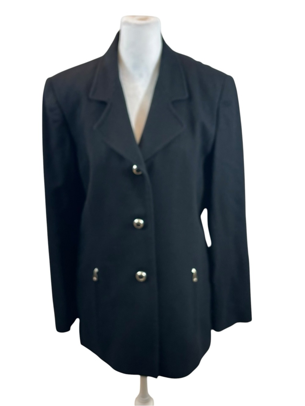 Vintage Oleg Cassini Ladies 100% Wool Blazer Size 10 Black with Silver Buttons